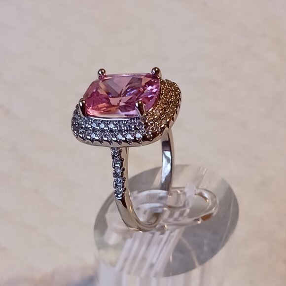 Silver Fashion Statement Halo Pink Tourmaline CZ Ring Size 8.5 NWOT - Picture 5 of 16